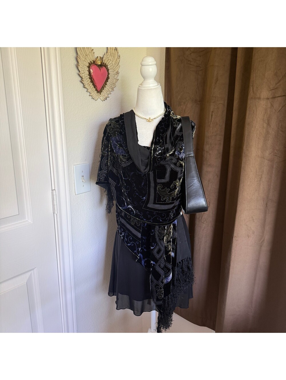 Vintage Black Velvet and Sheer Overlay Scarf with Ornate Pattern Fringe Detail